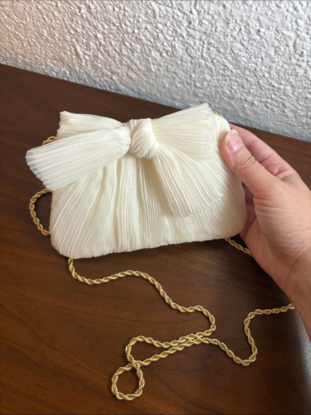 Loeffler Randall Ivory Pleated Bow Clutch with Gold Chain - Picture 9 of 14